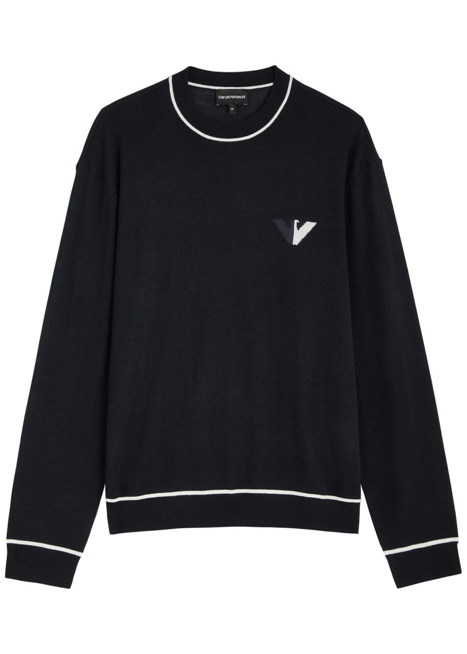 Emporio Armani Logo-intarsia Wool Jumper Navy