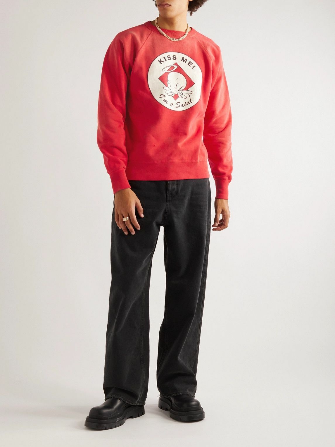 SAINT Mxxxxxx - Distressed Printed Cotton-Jersey Sweatshirt - Red