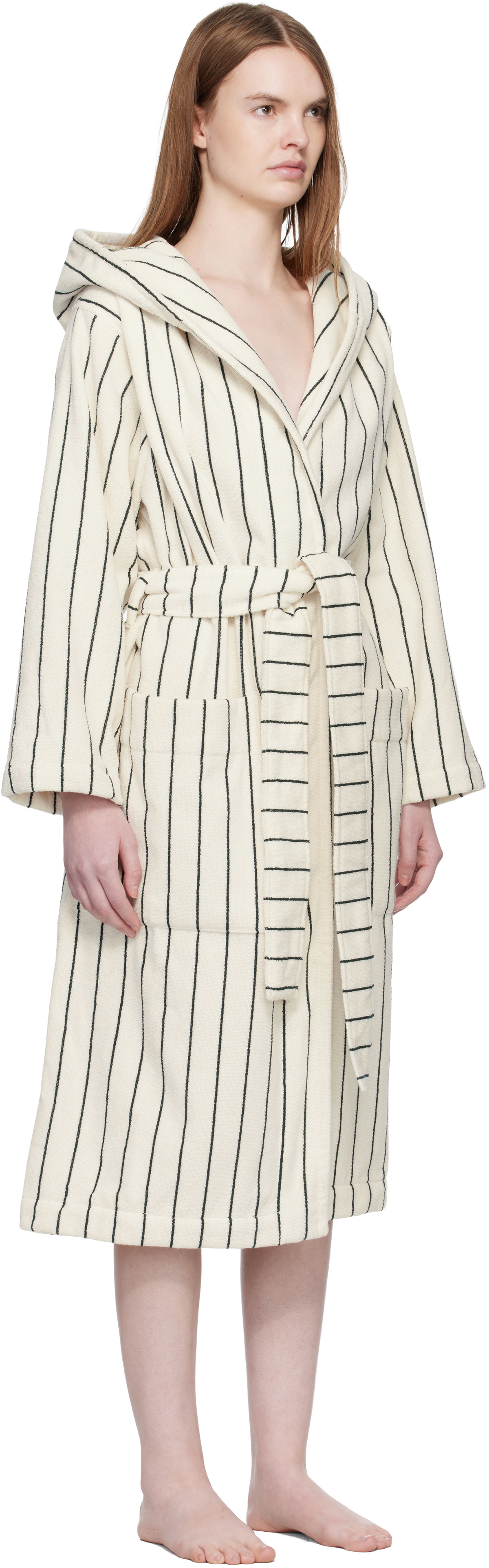 Tekla White & Green Terry Hooded Bathrobe