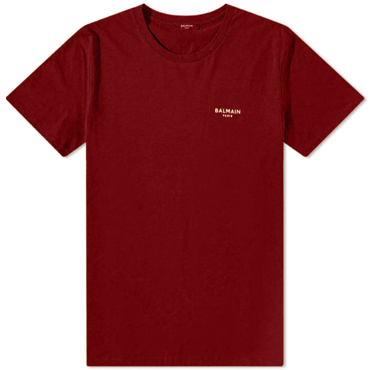 Photo: Balmain Men's Flock Small Logo T-Shirt in Red/Natural