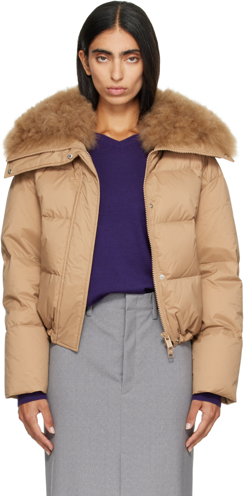 Yves Salomon Beige Waterproof Technical Lambswool Trim Short Down Jacket