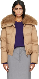 Yves Salomon Beige Waterproof Technical Lambswool Trim Short Down Jacket