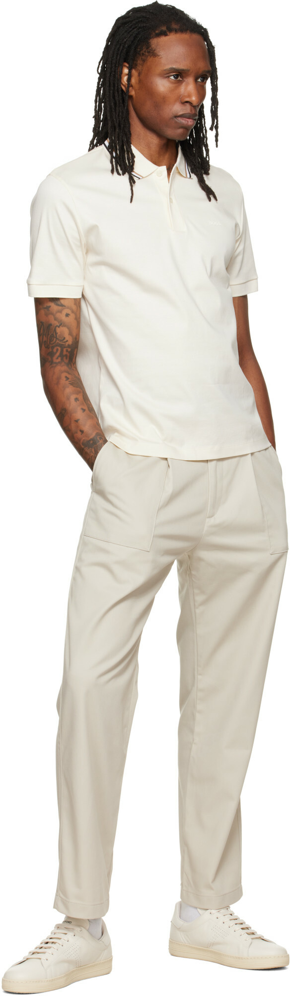 BOSS Off-White Striped Collar Slim-Fit Cotton Polo