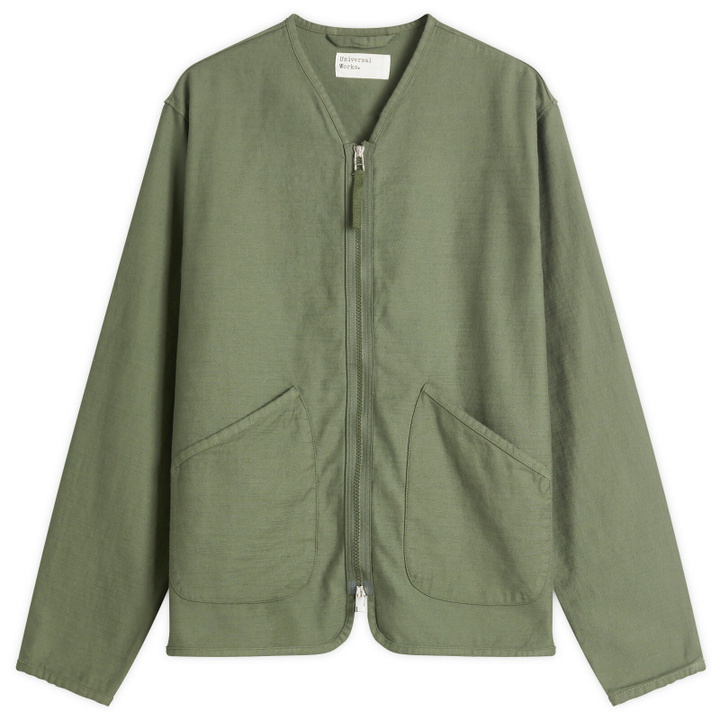 Photo: Universal Works Men's Slub Sateen Zip Liner Jacket in Olive