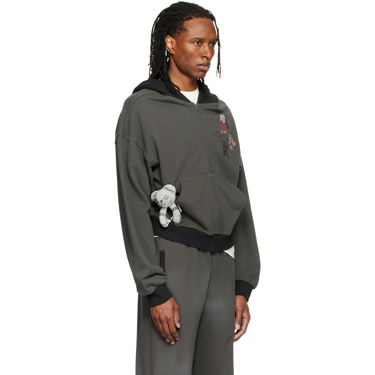 We11done Gray Washed Doodle Teddy Zip-Up Hoodie