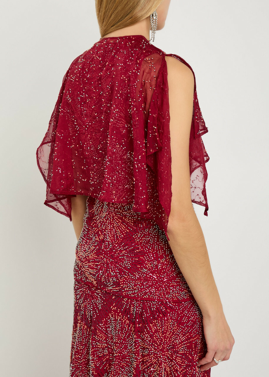 Rabanne Embellished Chiffon Cape top Red