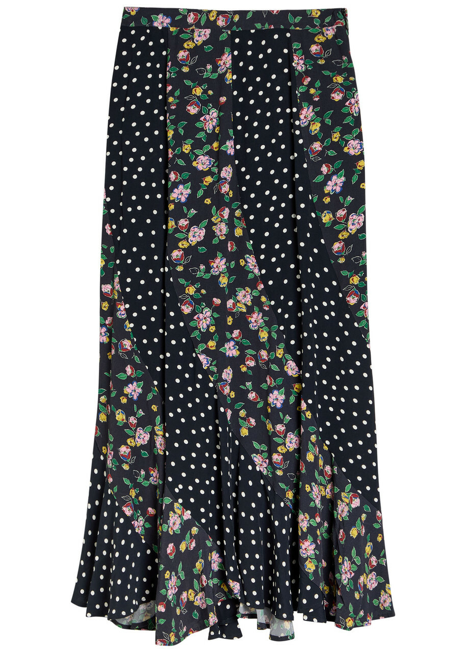Rixo Gracella Panelled Polka dot and Floral Midi Skirt Black