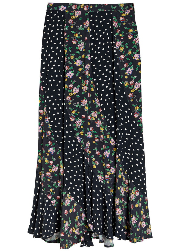 Photo: Rixo Gracella Panelled Polka dot and Floral Midi Skirt Black