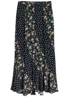 Rixo Gracella Panelled Polka dot and Floral Midi Skirt Black