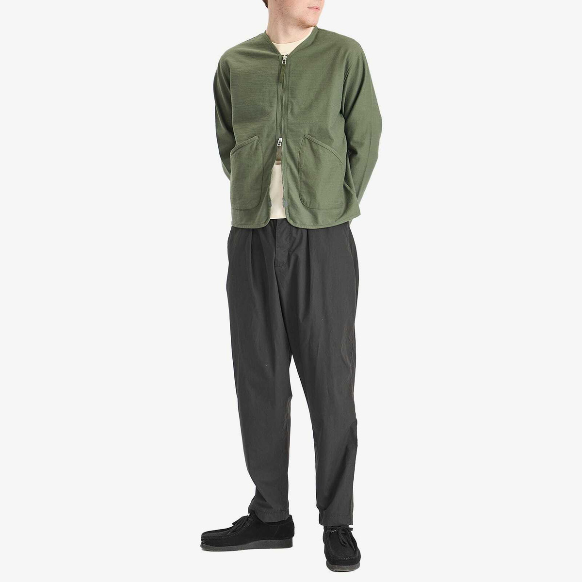 Universal Works Men's Slub Sateen Zip Liner Jacket in Olive