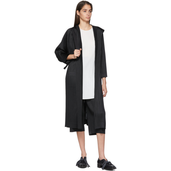 Pleats Please Issey Miyake Black Pleated Hooded Coat Pleats Please