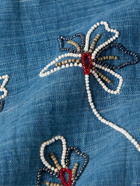 Karu Research - Camp-Collar Bead-Embellished Slub Cotton-Voile Shirt - Blue