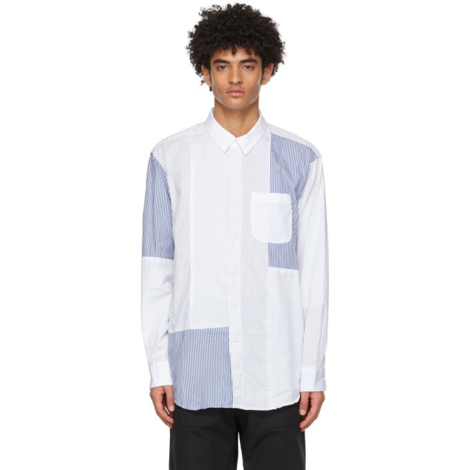 Photo: Engineered Garments White Polka Dot and Stripe Combo Collar Shirt