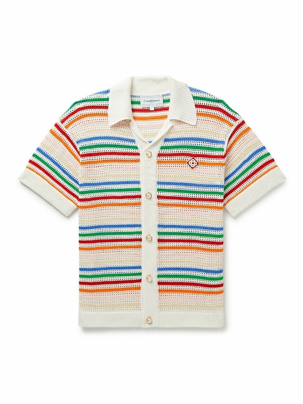 Photo: Casablanca - Logo-Appliquéd Striped Crocheted Cotton Shirt - White