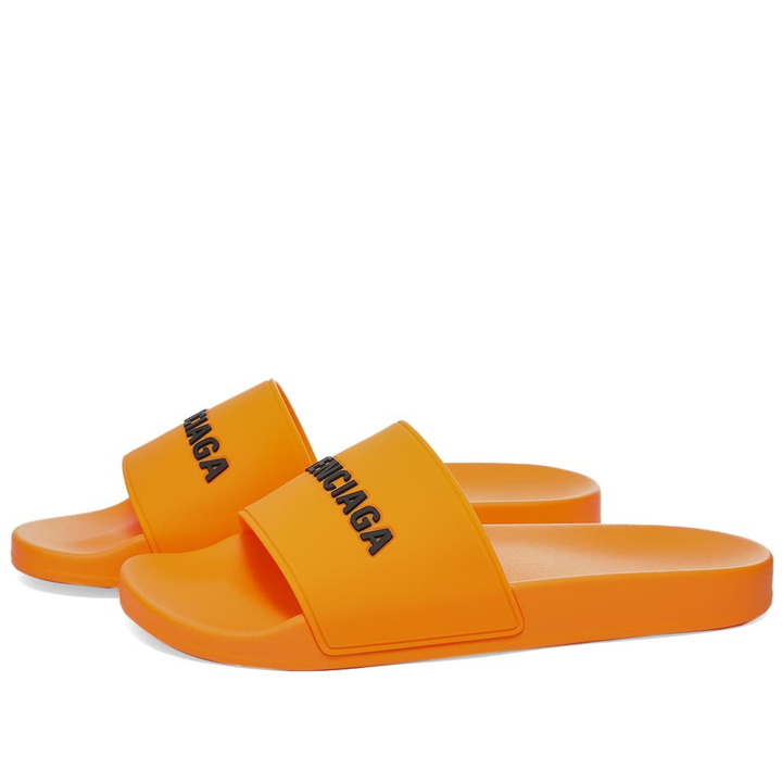 Photo: Balenciaga Men's Logo Pool Slide in Orange/Black