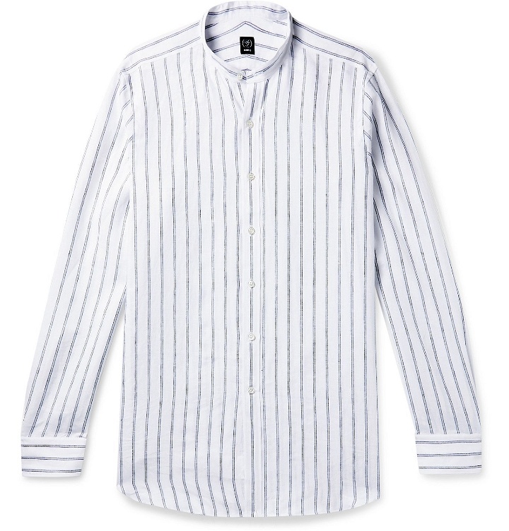 Photo: Beams F - Grandad-Collar Striped Linen Shirt - White