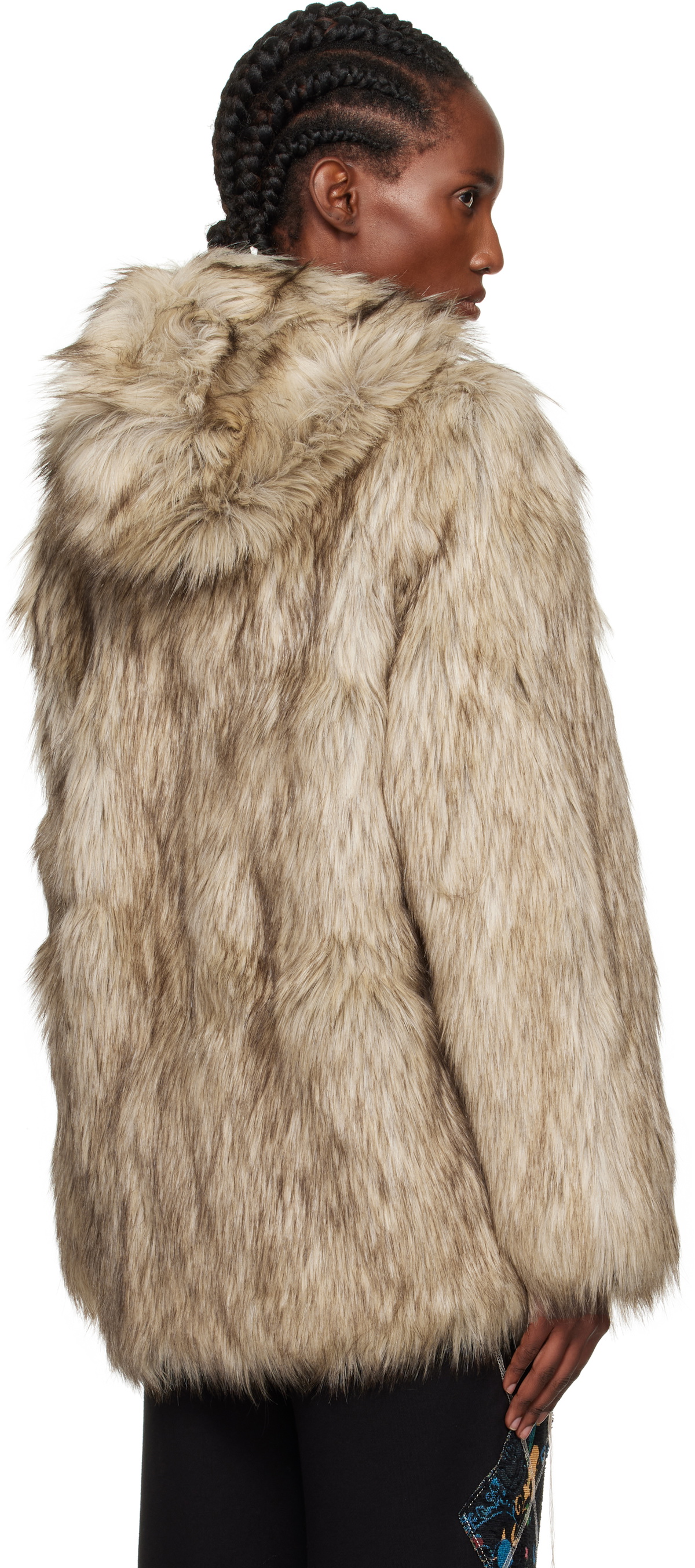 OPEN YY Beige & Black Hood Reversible Faux-Fur Jacket