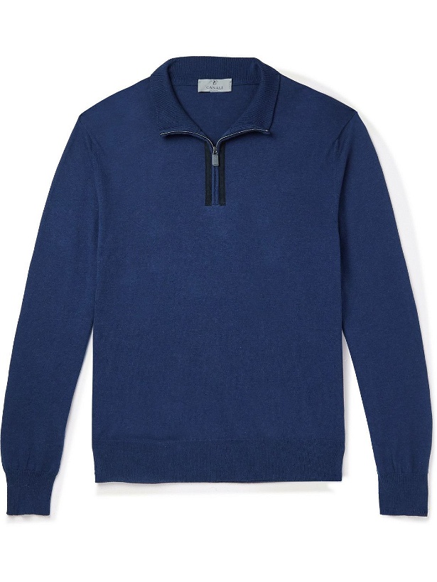 Photo: Canali - Suede-Trimmed Cotton Half-Zip Sweater - Blue