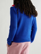 Casablanca - Striped Ribbed Merino Wool and Cotton-Blend Zip-Up Sweater - Blue