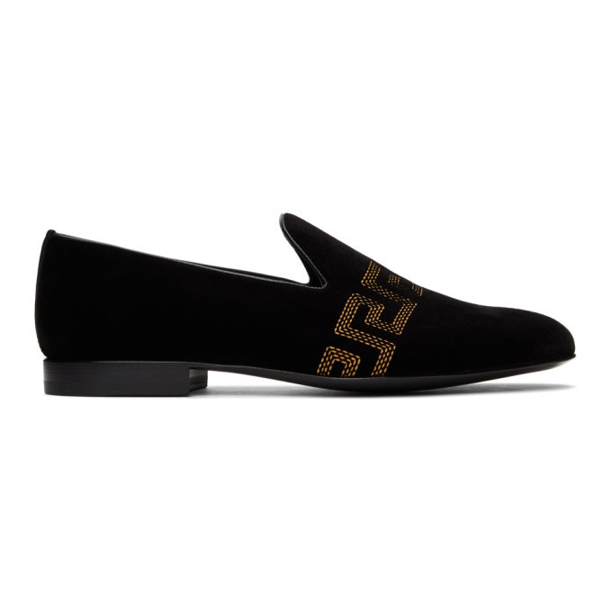 Photo: Versace Black Embroidered Greca Loafers