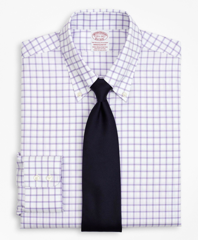 Photo: Brooks Brothers Men's Stretch Madison Relaxed-Fit Dress Shirt, Non-Iron Twill Button-Down Collar Grid Check | Lavender