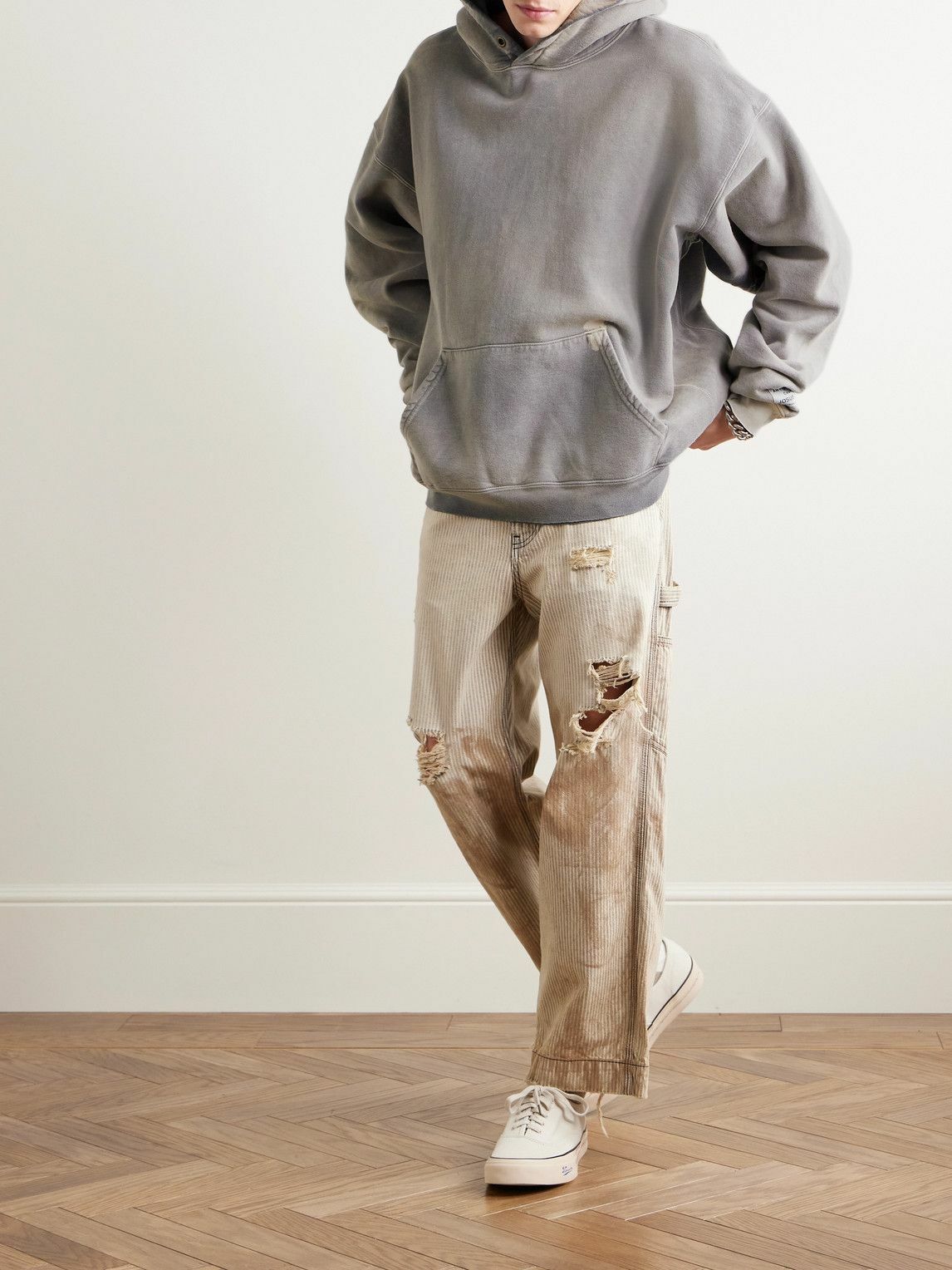 【GALLERY DEPT.】Ventura ロゴアップリケ フーディー グレー Gallery Dept. - Ventura Distressed Cotton-Jersey Hoodie