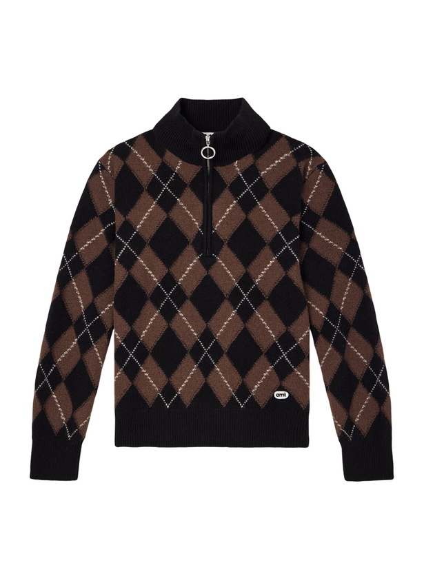 Photo: AMI PARIS - Logo-Appliquéd Argyle Virgin Wool Half-Zip Sweater - Brown