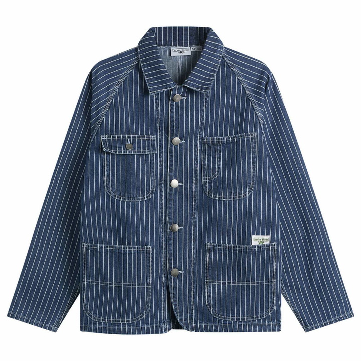 Photo: Service Works Men's Pinstripe Denim Coverall Jacket in Indigo