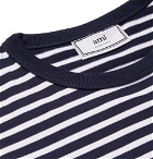 AMI - Embroidered Striped Cotton T-Shirt - Men - Navy