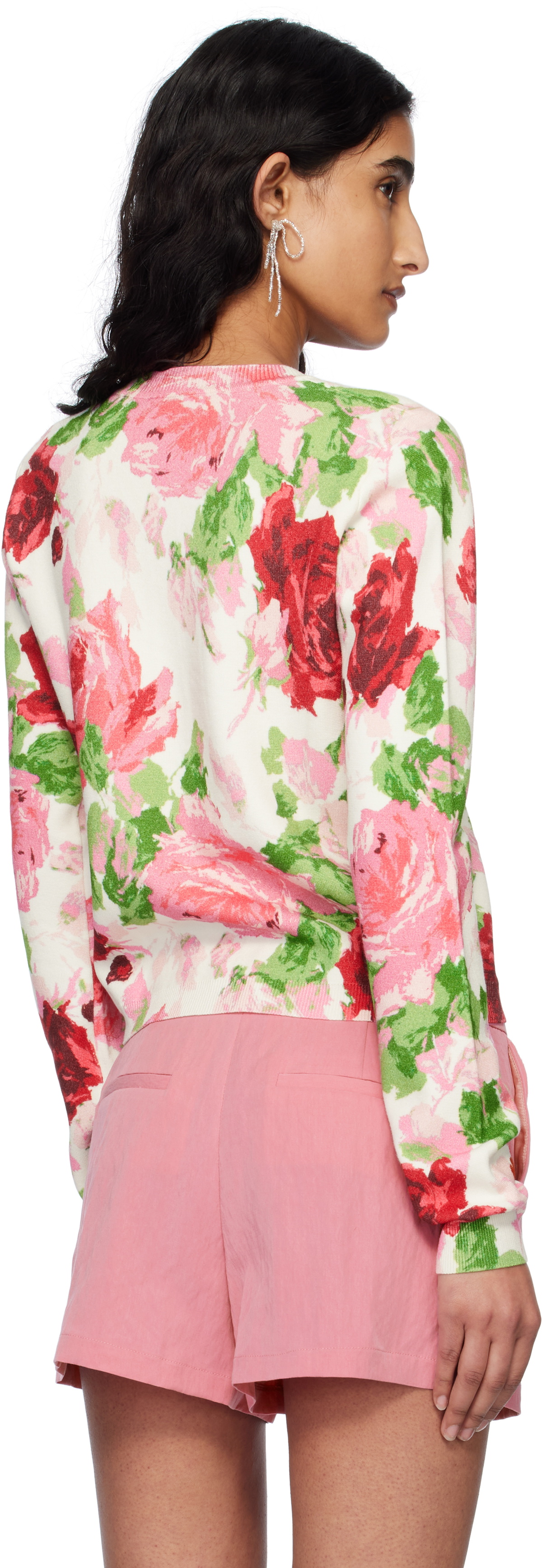 Blumarine Off-White & Pink Peony-Printed Viscose Cardigan
