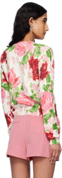 Blumarine Off-White & Pink Peony-Printed Viscose Cardigan