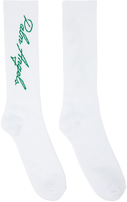 Photo: Palm Angels White & Green Miami Logo Socks
