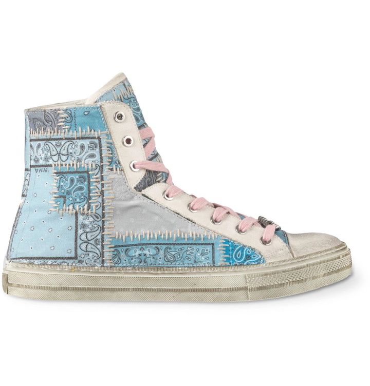 Photo: AMIRI - Distressed Bandana-Print Canvas High-Top Sneakers - Blue