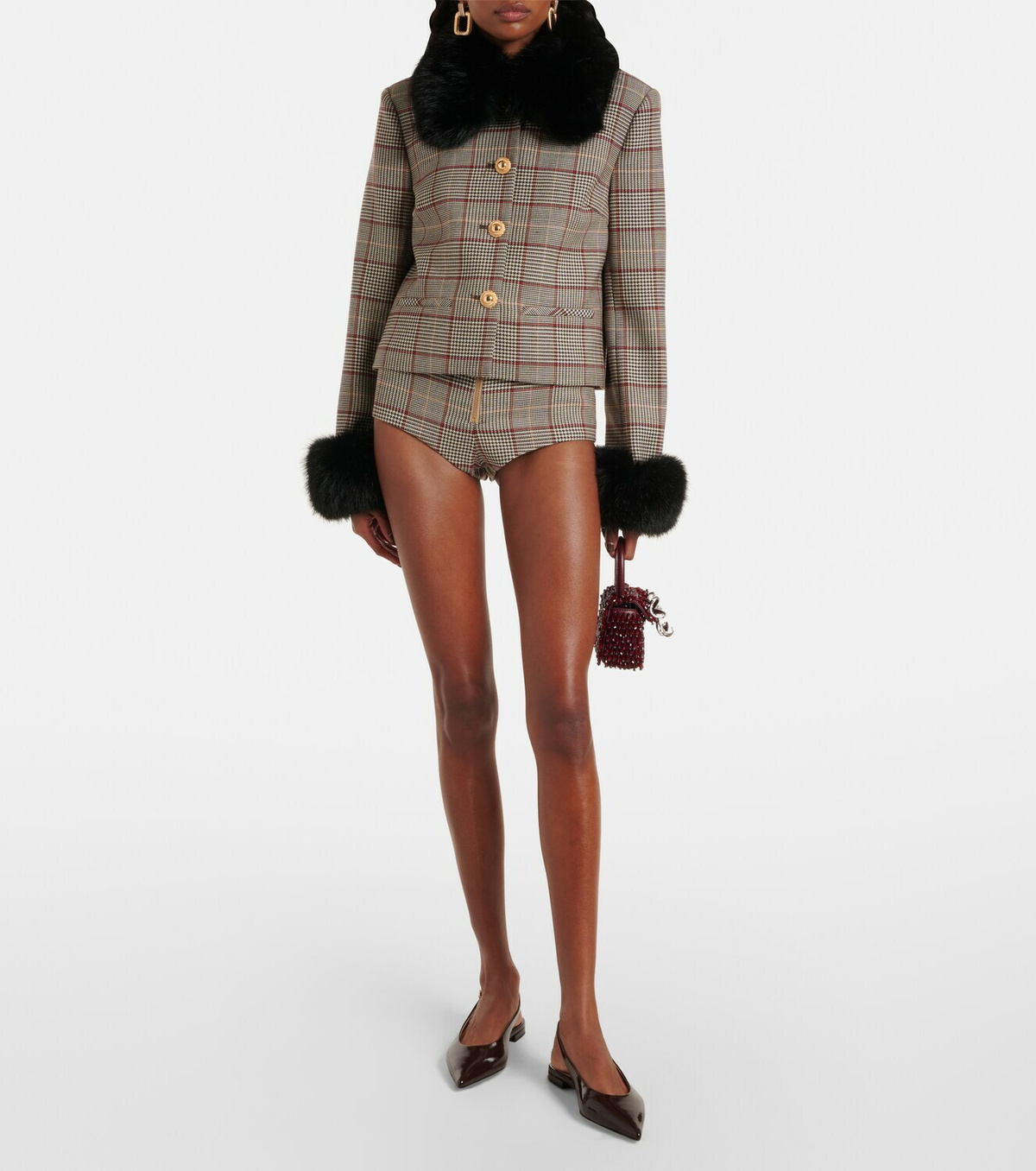 Self-Portrait Checked faux fur-trimmed jacket