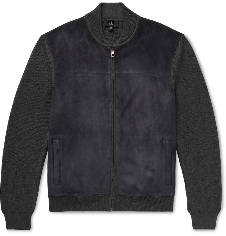 Photo: Dunhill - Suede-Panelled Ribbed Merino Wool Bomber Jacket - Blue