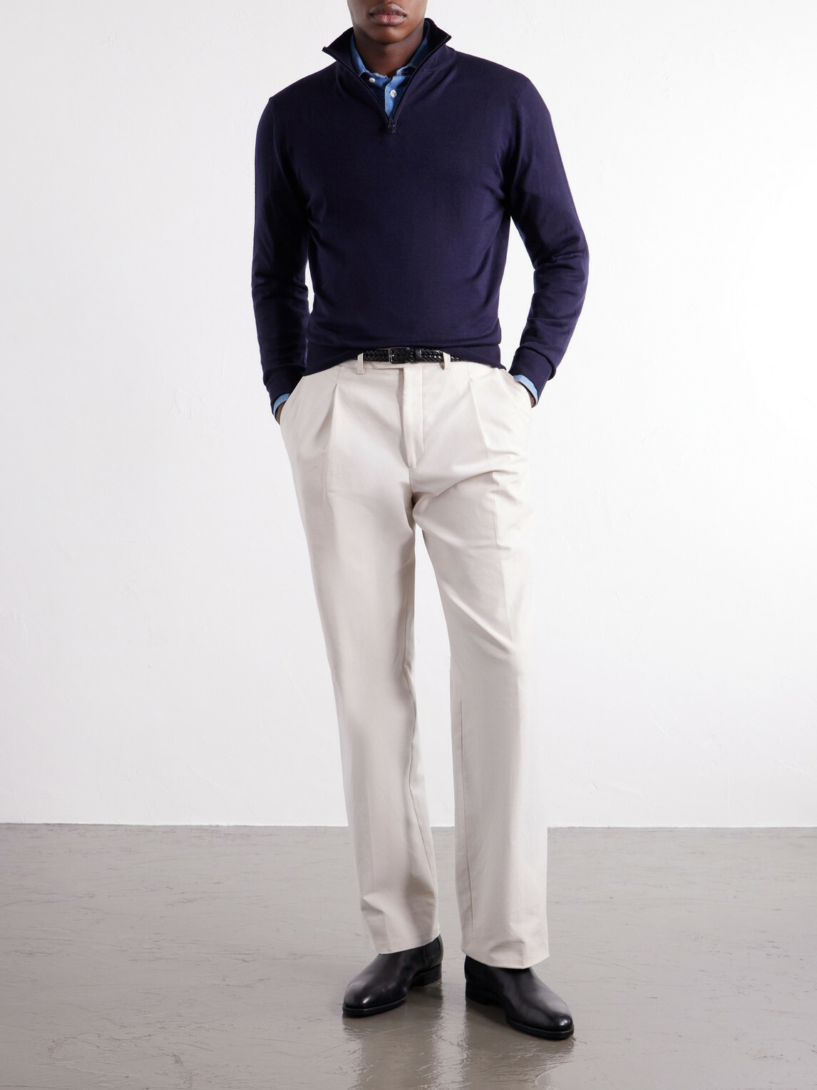 Canali - Rib-Trimmed Wool Half-Zip Sweater - Blue