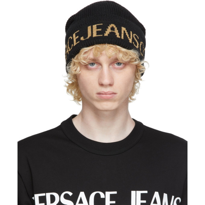 Photo: Versace Jeans Couture Black and Gold Jacquard Logo Beanie