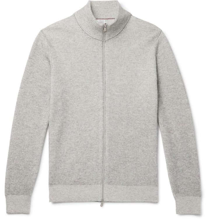 Photo: Brunello Cucinelli - Ribbed Cashmere Zip-Up Cardigan - Gray