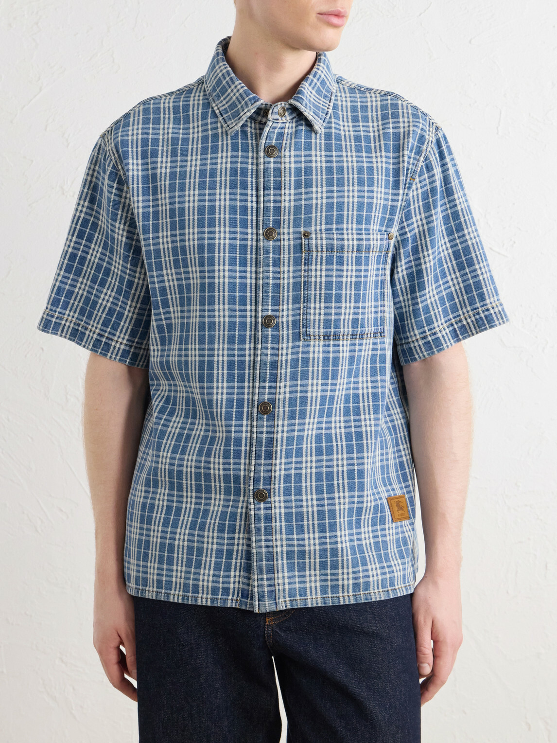 Burberry - Logo-Appliquéd Checked Denim Shirt - Blue