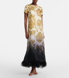 La DoubleJ Swing feather-trimmed floral silk twill maxi dress