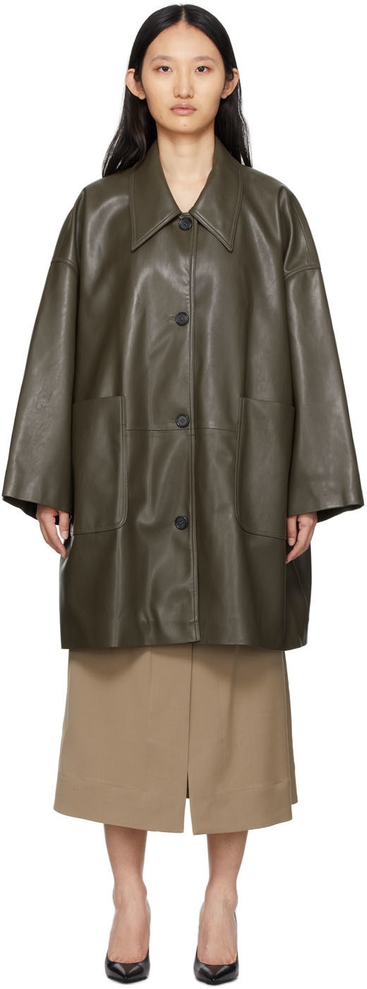 DRAE Khaki Oversized Faux Leather Coat
