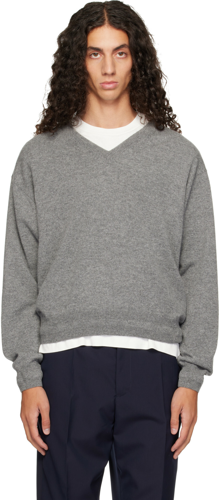 Jil Sander Gray LS V-Neck Sweater