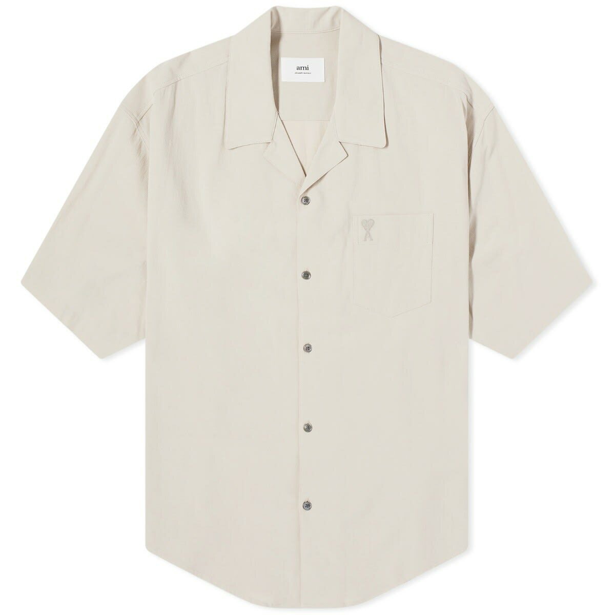 AMI Paris Men's Tonal Logo Camp Collar Shirt in Cream AMI