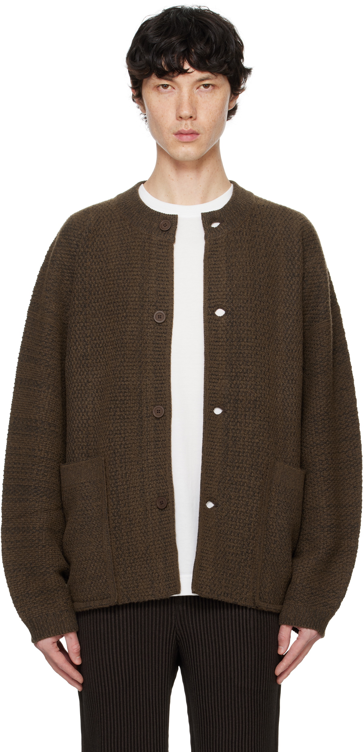 HOMME PLISSÉ ISSEY MIYAKE Brown Rustic Knit Cardigan Homme
