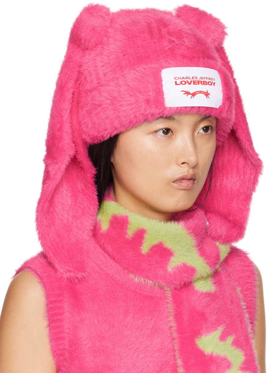 Charles Jeffrey LOVERBOY Pink Fluffy Chunky Rabbit Beanie
