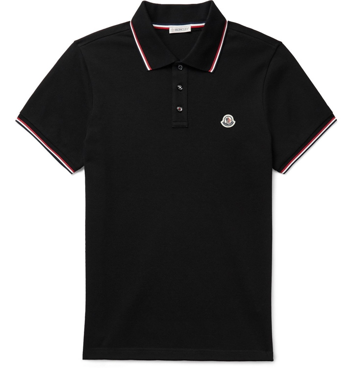 Photo: MONCLER - Slim-Fit Contrast-Tipped Logo-Appliquéd Cotton-Piqué Polo Shirt - Black