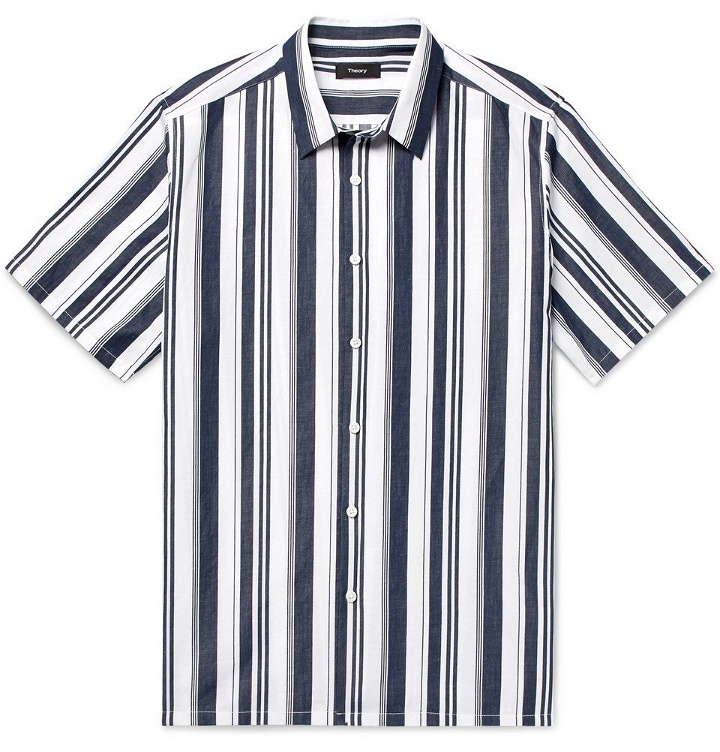 Photo: Theory - Irving Striped Cotton and Linen-Blend Shirt - Storm blue
