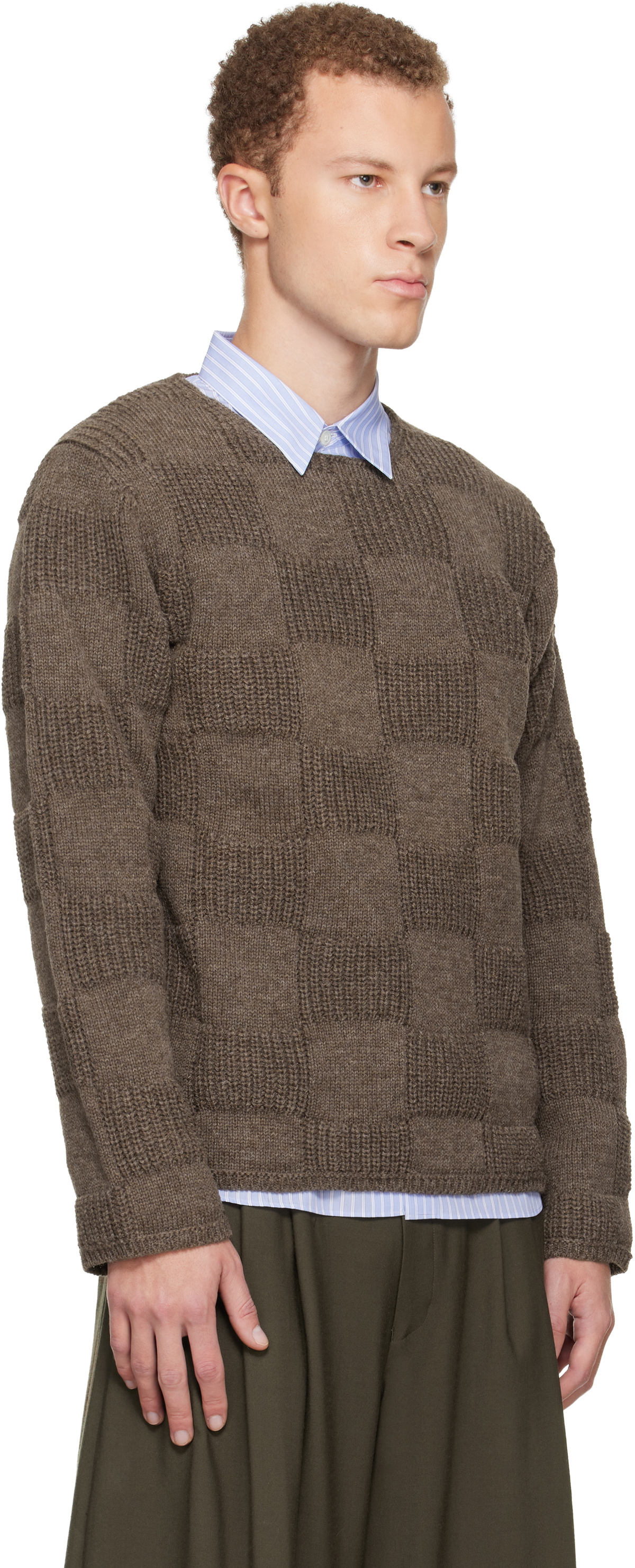 Comme des Garçons Homme Deux Brown Wool Checkerboard Crewneck Sweater