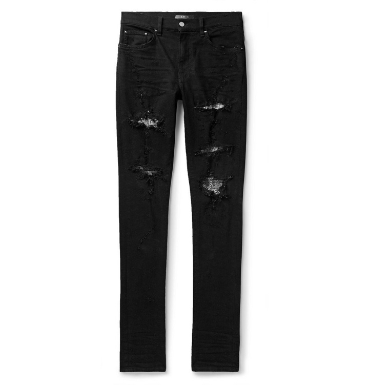 Photo: AMIRI - Skinny-Fit Sequin-Embellished Distressed Stretch-Denim Jeans - Black