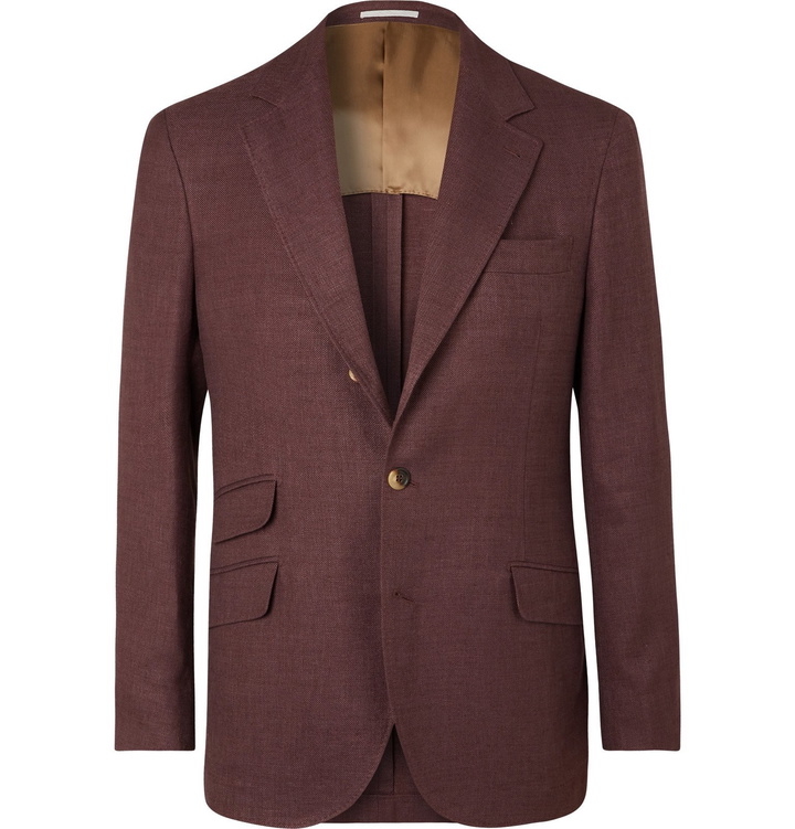 Photo: Brunello Cucinelli - Burgundy Slim-Fit Unstructured Linen, Wool and Silk-Blend Hopsack Blazer - Burgundy